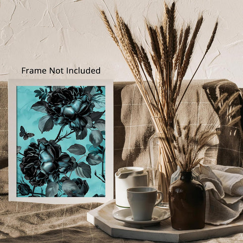 Posterizer 1 pcs-baby blue background with dark flowers-Floral & Botanical Art-Abstract & Modern Art-Decor for Home & Office- UNFRAMED Wall Art...