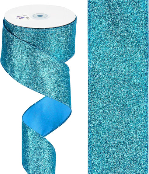 MEEDEE Blue Glitter Ribbon Blue Wired Ribbon 2.5 Inch Metallic Ribbon by 25 Yards Turquoise Ribbon Blue Christmas Ribbon Light Blue Ribbon for Chr...