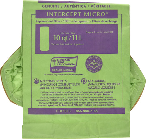 ProTeam 107313 Intercept Micro Filter Bags with Open Collar and 10-Quart Capacity, 10-Pack of Replacement Vacuum Filters...