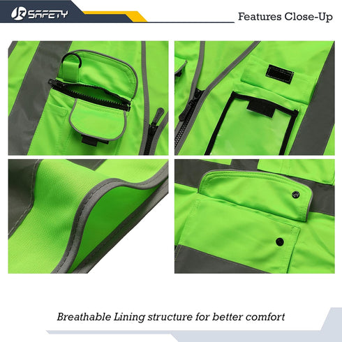 JKSafety 9 Pockets Class 2 High Visibility Zipper Front Safety Vest With Reflective Strips, Meets ANSI/ISEA Standards (150-Green, 4X-Large)...