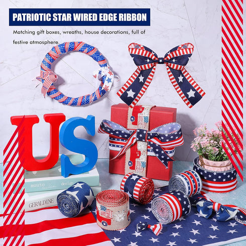 5 Rolls Star Wired Edge Ribbon 2.5 Inch Patriotic Stars Stripes Satin Ribbon 4th of July Grosgrain Halloween Thanksgiving Christmas Decoration for...