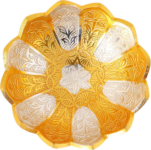 SATVIK 1 Pc 4 Inch Designer Gold Silver Plated Lotus Flower Dessert Dry Fruits Embossed Serving Bowl With Spoon Set Diwali Pujan Decortive Bhog Bo...