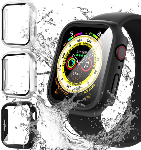 Suoman 3-Pack for Apple Watch Series 6 5 4 44mm Waterproof Case, 360° All-Round Protective Hard PC Tempered Glass Screen Protector for iWatch Seri...