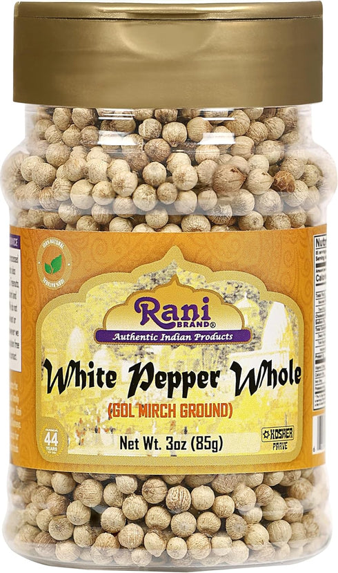 Rani White Pepper (Gol Mirch), Whole Spice 3oz (85g) PET Jar ~ All Natural | Vegan | Gluten Friendly| NON-GMO | Kosher | Indian Origin...