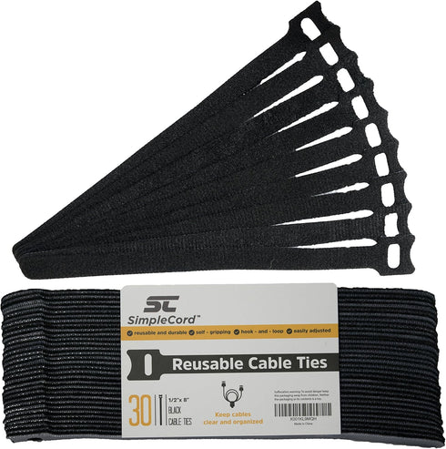 Cable Management Ties(30) 8" Reusable Self-Gripping Cord Straps- Organize Cables, Cords, and Wires- Simple Cord Organizer for Desks and Office (Bl...