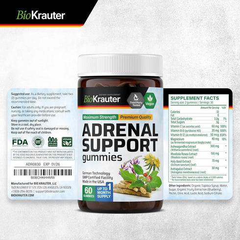 Adrenal Support Gummies - Organic Rhodiola & Ashwagandha Gummies with Vitamins C, B6, B12 for - Vegan Mood Support Supplement 60 Chews...