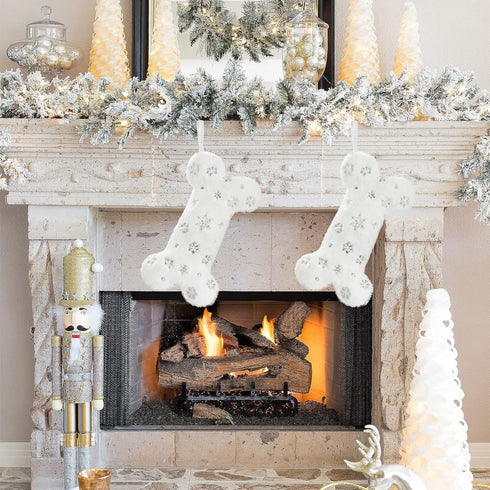 Senneny Snowy White Plush Pet Dog Christmas Stocking, Silver Snowflake Sequin Dog Christmas Stockings Large Bone Shape Faux Fur, Hanging Christmas...