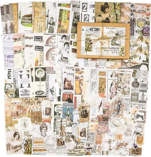 Knaid 200 Pieces Vintage Ephemera Pack Decoupage Paper Junk Journal Kit Scrapbook Planner Sticker Supplies for Art Journaling Bullet Journals Coll...