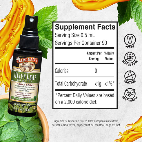 Barlean's Olive Leaf Complex Throat Spray with Peppermint, Lemon, & Sage for Itchy Throat Relief, Immune Support Supplement for Seasonal Wellness,...