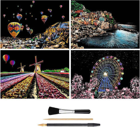 MIASTAR Scratch & Sketch Art for Kids & Adults, Rainbow Painting Night View Scratchboard(A4), Art & Craft, 4 Sheets Scratch Cards & Drawing Pen, C...