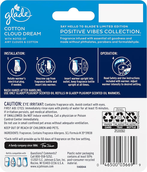 Glade PlugIns Refills Air Freshener, Scented and Essential Oils for Home and Bathroom, Cotton Cloud Dream, 1.34 Oz, 2 Count...