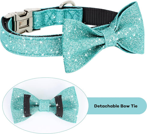 Bling Dog Bow Tie Collar for Puppy Small Medium Dogs, Cute Teal Boy Dog Collar with Bow for Daily Walking or Christmas Holiday (Neck fit 11-16’’)...