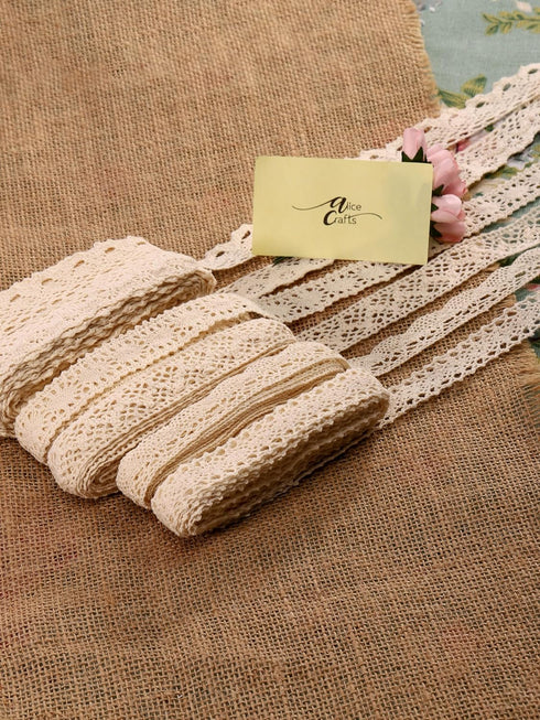 0.78 inches by 30 yards Beige Cotton Ribbon Lace Trim for Sewing and Gift Wrapping 6 Rolls by Alice Crafts | 6 Rolls x 5 yards each, Set of 6 Asso...