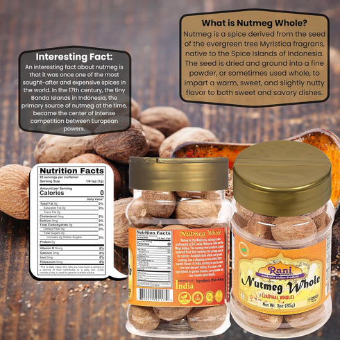 Rani Nutmeg (Jaiphul) Whole Spice, 17-19 Pieces, 3oz (85g) PET Jar ~ All Natural | Vegan | Gluten Friendly | NON-GMO | Kosher | Indian Origin...
