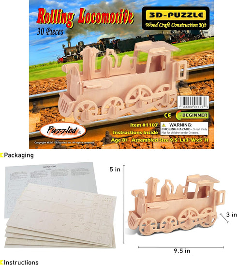 Puzzled 3D Puzzle Rolling Locomotive Train Wood Craft Construction Model Kit, Fun & Educational DIY Wooden Toy Assemble Unfinished Crafting Hobby ...