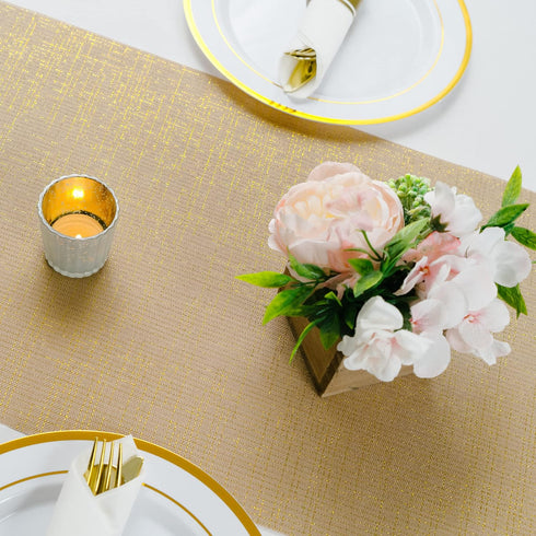 Sparkle Metallic Gold Stripes Faux Burlap No-Iron Table Runner 13.5" x 108" for Holidays, Wedding Decoration, Parties and Everyday Décor...