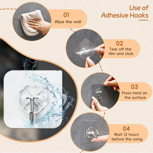 Mlici 24 Pack Clear Self-Adhesive Wall Hooks, 30lbs Heavy-Duty Sticky Hooks for Kitchen Bathroom, Without Nails Reusable Utility Hooks for Hanging...