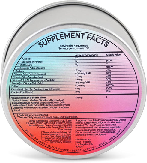 Vegan Beauty Support Gummies Collagen Booster with Biotin, Vitamin C, A, E, Folic Acid, and More - 60 Gummies - Plastic-Free Tin - Made with Natur...