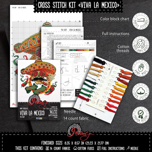 Povitrulya Counted Cross Stitch Kit for Adults “Viva la Mexico” - Day of The Dead, Día de los Muertos, Halloween, Mexican, Latino Hand Embroidery ...