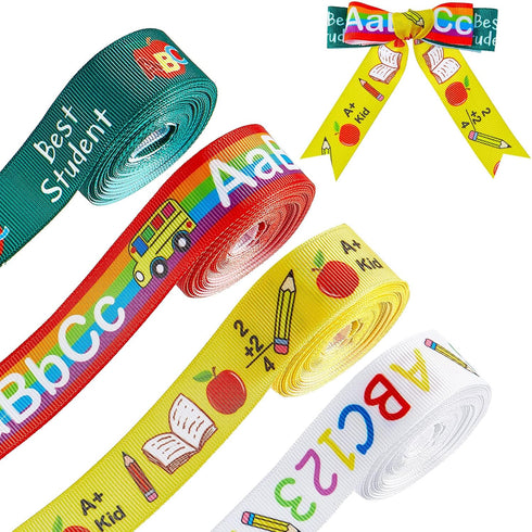 WILLBOND 4 Rolls 20 Yards Back to School Ribbon Apple Pattern ABC Pencil School Theme Ribbons for Wrapping Gift Fabric Wrapping Ribbon for Bow Wre...