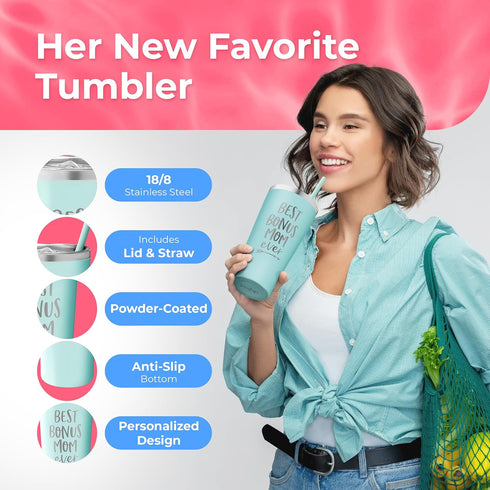 SassyCups Best Bonus Mom Ever Tumbler | 22 Ounce Engraved Mint Stainless Steel Insulated Tumbler with Lid and Straw | Like a Mom | Stepmom Present...