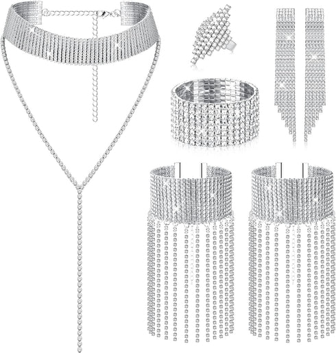 HAIAISO 7 Pieces Rhinestone Jewelry Set for Women Crystal Choker Necklace Tennis Stretch Bracelet Dangle Earrings Diamond Ring Rhinestone Tassel A...