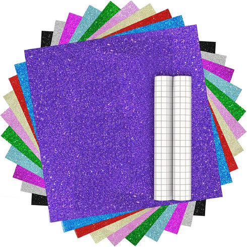 DoreenBow 12 Sheets Glitter Adhesive Vinyl for Craft Colorful Adhesive Permanent Vinyl Sheets with 2pcs High Tack Transfer Paperm,Permanent Adhesi...