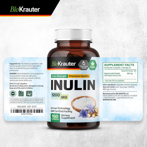 BIO KRAUTER Inulin Powder Capsules - Inulin Prebiotic Fiber 1200 mg Strength - 100 Count - Pure Soluble Fiber Supplements - Chicory Root Fiber Cap...