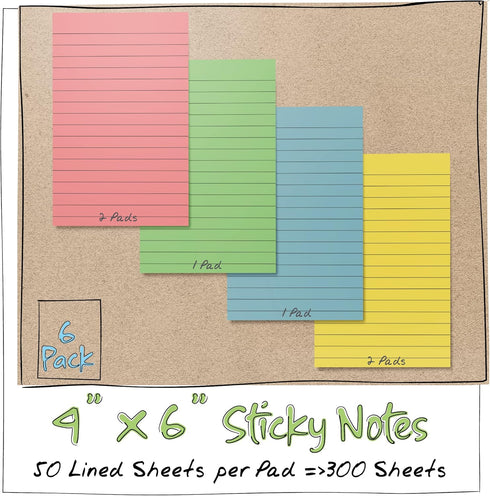 Better Office Products Lined Sticky Notes, 4 x 6, 6 Pack, 300 Sheets (50/Pad), Self Stick Notes with Lines, 4 Assorted Pastel Colors, Post Memos, ...