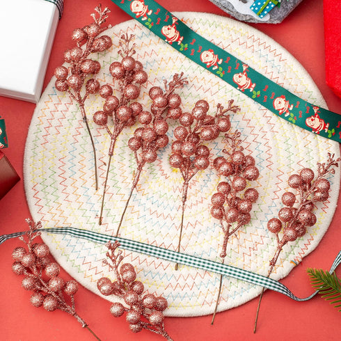 Crafare 24 Pack Rose Gold Christmas Glitter Berries Stems Artificial Christmas Picks for Christmas Tree Ornaments Wreath, Crafts, Holiday and Home...