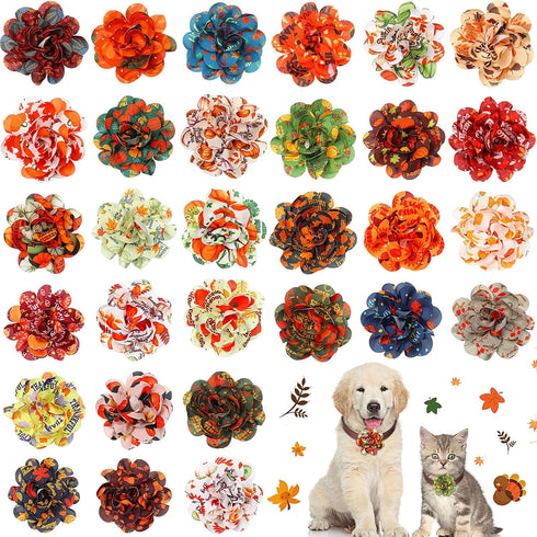 Sanwuta 30 Pcs Fall Dog Collar Flowers Bulk Thanksgiving Pet Flower Collar Bow Ties Holiday Dog Accessories Slides Attachment Decorations for Smal...