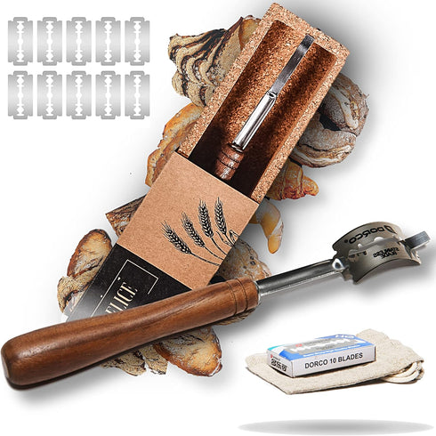 Handcrafted Bread Lame Made of Rich Dark Walnut Wood - Superior Handgrip Design for Easy Use & Clean Cuts - Natural Cork Storage Case with 10 Repl...