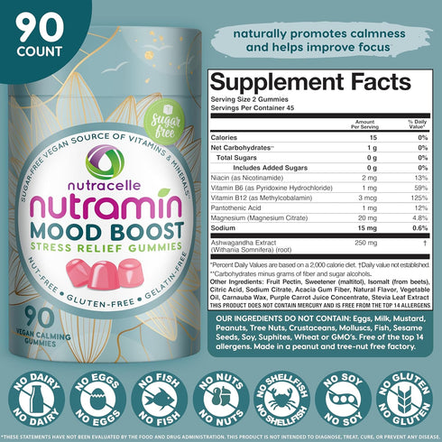 Nutracelle NUTRAMIN Mood Boost Multivitamin Gummy - Delicious & Yummy Anti-Stress Magnesium Ashwagandha Gummies + B Complex Vitamins - Sugar-Free,...