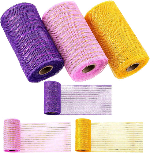 Swpeet 3 Rolls 6 Inches Mesh Ribbon Glitter Metallic Wrapping Ribbon Kit, Glitter Tulle Fabric Spool Ribbon Metallic Foil Mesh Ribbon for DIY Proj...