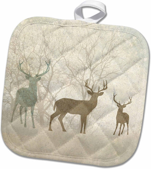 3D Rose Deer Silhouettes Set Against Faded Forest Background in Earth Tones Pot Holder, 8 x 8...