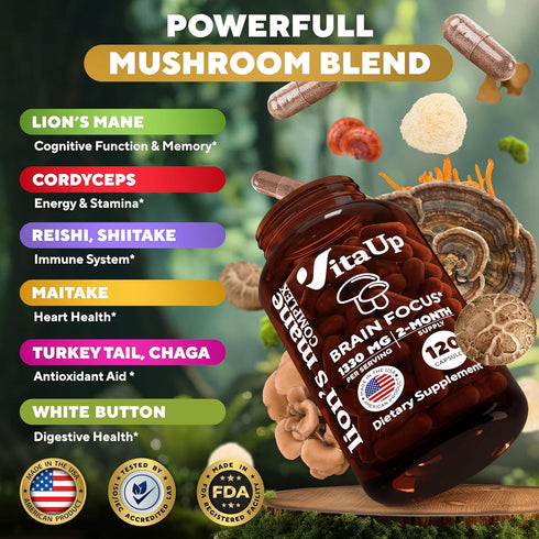 Lions Mane Supplement Capsules - USA Made Lion's Mane Mushroom Complex 1330mg - Mushroom Supplement with Cordyceps, Shiitake, Reishi - Brain Suppl...