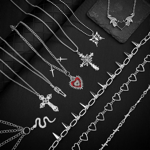 Janmercy 15 Pcs Gothic Grunge Necklace Set Goth Punk Rock Vintage Y2k Harajuku Silver Chain Choker Necklace Jewelry Costume Accessories for Women ...