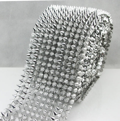 2/3 Yard Silver Sew Stitch On Pointed Spike Stud Cone Flatback Punk Rock Trim Mesh Bead Craft(Silver)...
