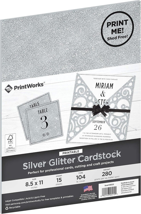 Printworks Printable Silver Glitter Cardstock, Perfect for Holiday School and Craft Projects, 15 Sheets, 8.5” x 11” (00515)...