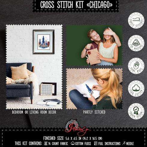 Povitrulya Counted Cross Stitch Kit for Adults “Chicago” - Chi-Town Cityscape Hand Embroidery Set with Pattern, 14-Count Aida Cloth and Pre-Sorted...