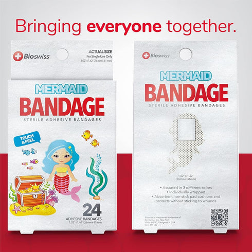 BioSwiss Bandages, Mermaid Shaped Self Adhesive Bandage, Latex Free Sterile Wound Care, Fun First Aid Kit Supplies for Kids, 24 Count...
