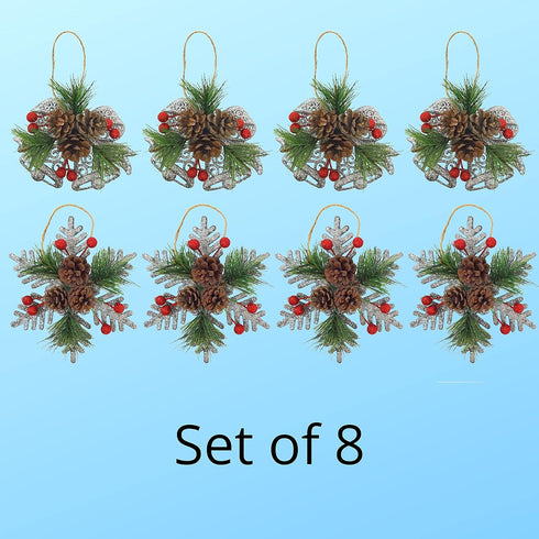 Pinecone Berry Pine Twig Christmas Ornaments - Set of 8 - Glittered Snowflakes and Bells with Pine Cones Greenery and Red Berries - Xmas Décor - C...