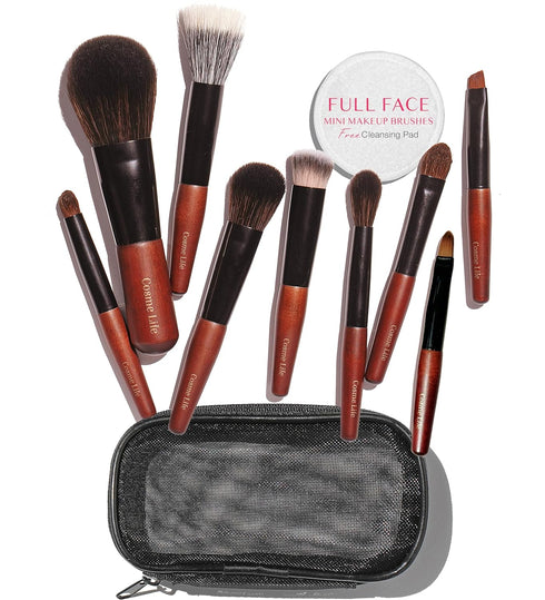 Cosme 9 FULL FACE MINI TRAVEL Make Up Brush Set: Natural Coverage Makeup Brushes Set & Brush Case. Travel Makeup Brushes in Synthetic & Natural Ha...
