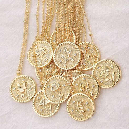 Layered Birth Flower Coin Necklace for Women 18K Gold Plated Double Layered Engraved Custom Floral Pendant Necklaces Dainty Birth Month Flower Dis...