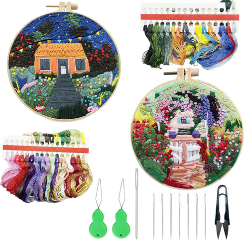 Allazone 2 Sets Embroidery Kit for Beginners, Stitch Practice Kits for Craft Lover Hand Stitch with Embroidery Fabric with Stamped Pattern, Starte...