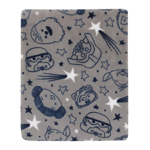 Star Wars Welcome to The Galaxy Navy and Gray Princess Leia, R2-D2, Chewbacca, and C-3PO Super Soft Toddler Blanket...