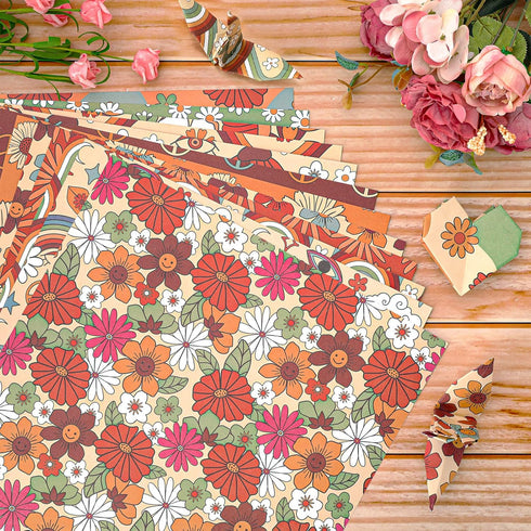 Whaline 12 Designs Retro Floral Pattern Paper 24 Sheet Hippie Groovy Boho Rainbow Scrapbook Double-Sided Craft Paper Folded Flat for Card Making S...