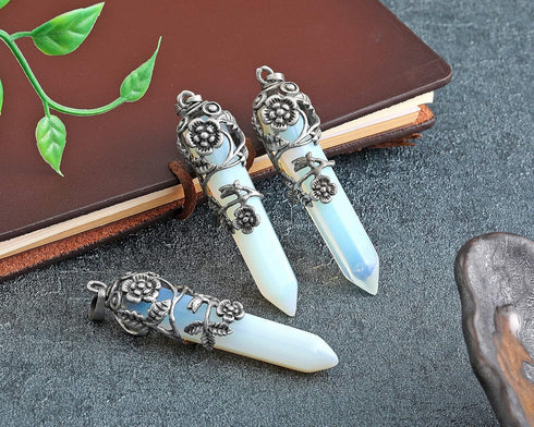Top Plaza Antique Silver Flower Wrapped Synthetic Opalite Healing Crystal Necklace...