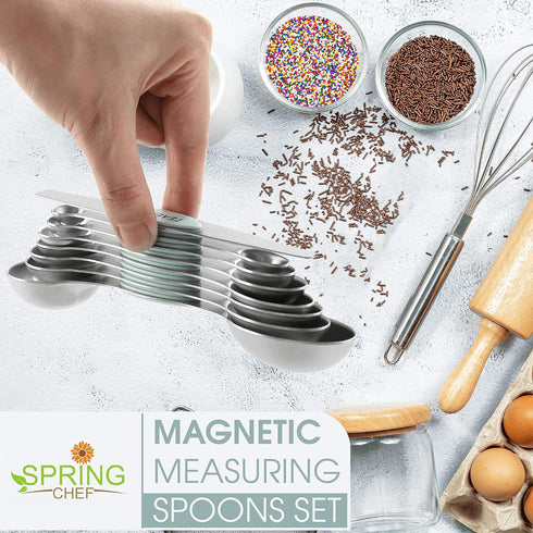 Spring Chef Stainless Steel Magnetic Measuring Spoons Set of 8 with Leveler, Nesting Metal Teaspoon & Tablespoon Measuring Spoons, Kitchen Gadgets...