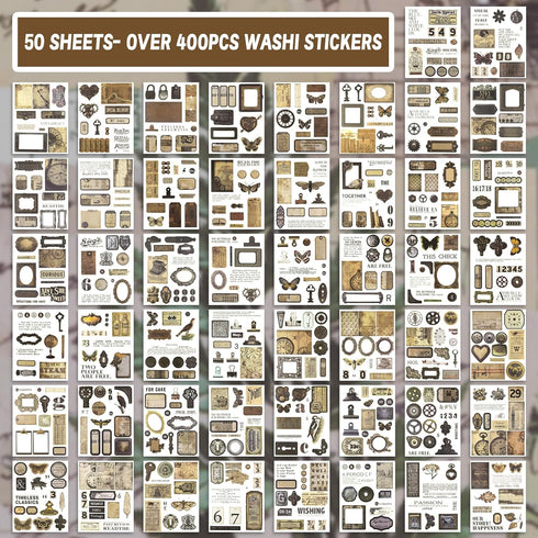 595PCS Vintage Washi Sticker Book for Scrapbookling - 50 Sheets Brown Pre-cut Journaling Stickers, Ephemera for Junk Journal Supplies DIY Crafts A...